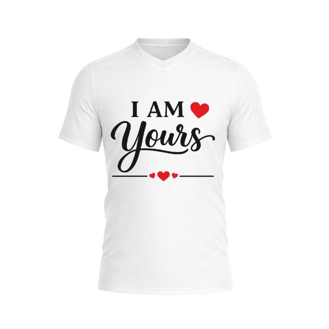 White t-shirt with 'I AM YOURS' text and heart graphics on a white background