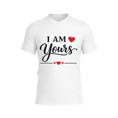 White t-shirt with 'I AM YOURS' text and heart graphics on a white background