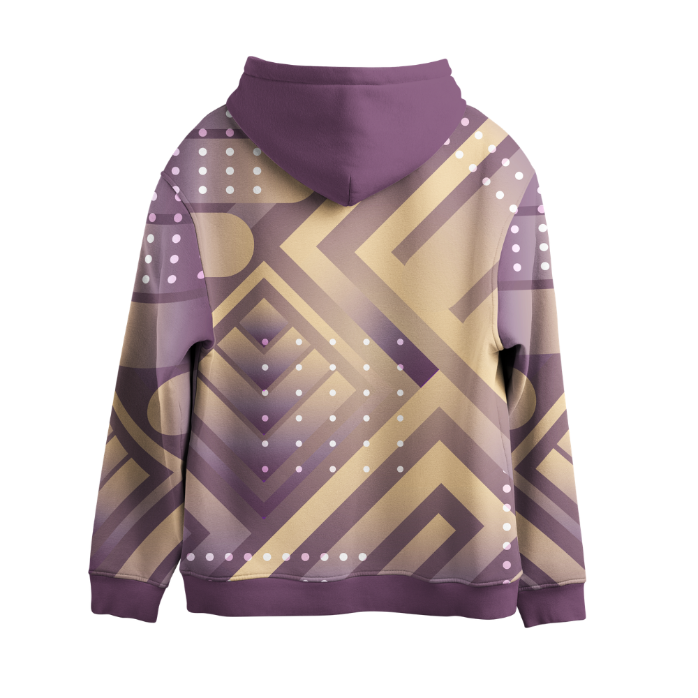 Purple and gold geometric patterned hoodie on a white background
