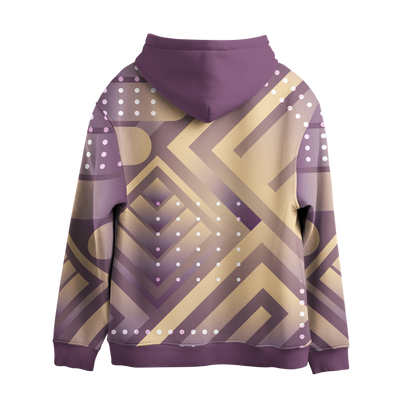 Purple and gold geometric patterned hoodie on a white background