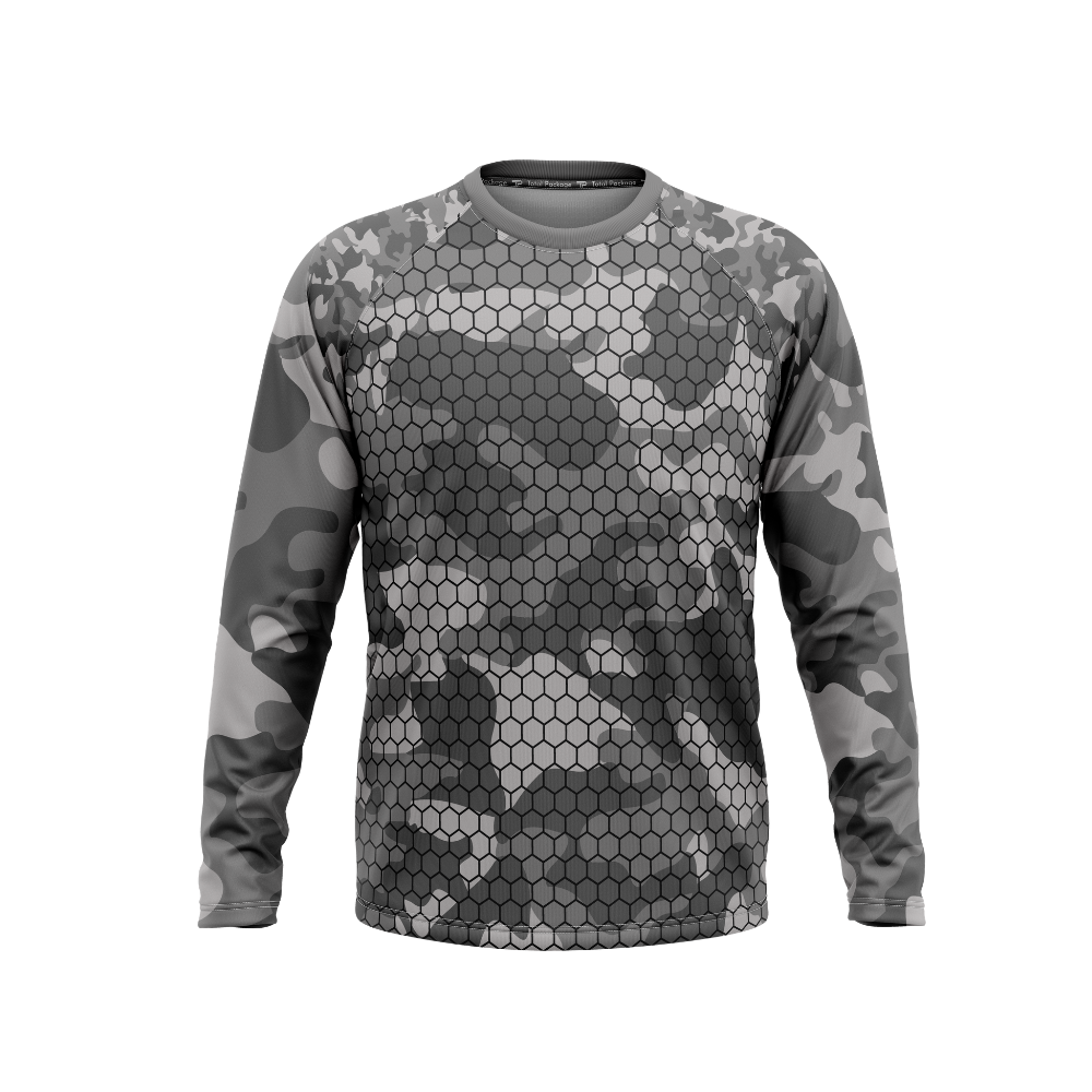 Hexagonal patterned long-sleeve shirt on a white background