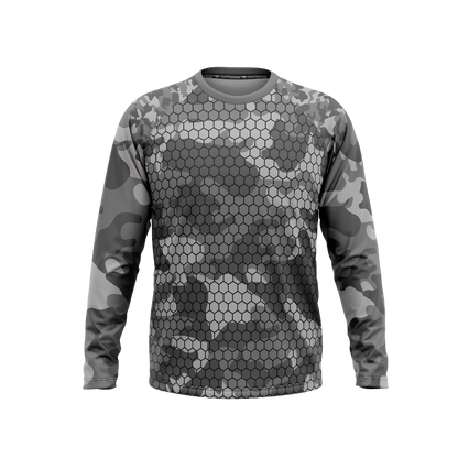 Hexagonal patterned long-sleeve shirt on a white background