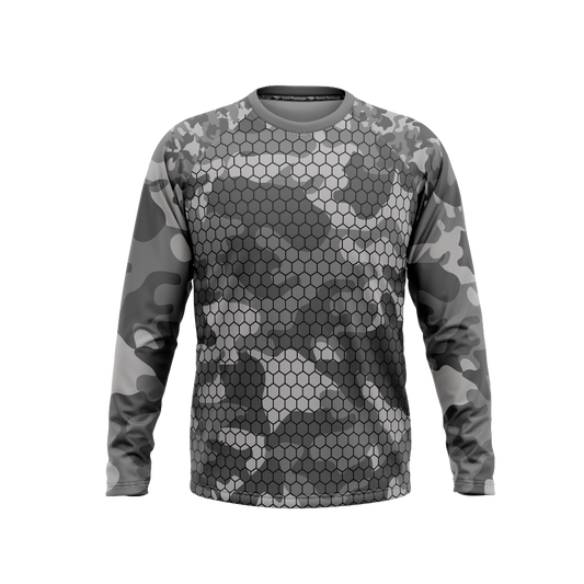 Hexagonal patterned long-sleeve shirt on a white background