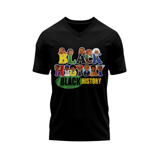 Black t-shirt with colorful 'Black History' graphic on a white background