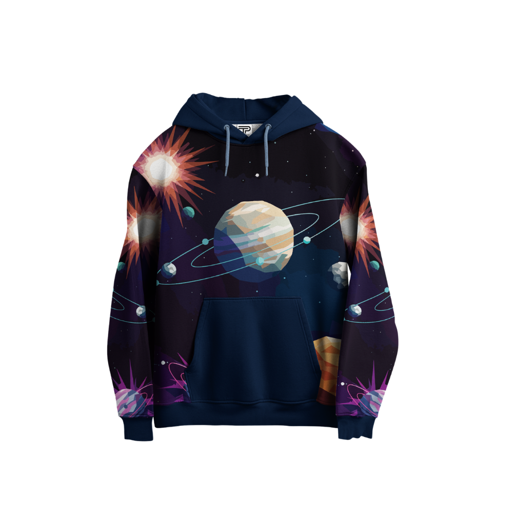 Hoodie with space-themed design featuring planets and stars on a white background