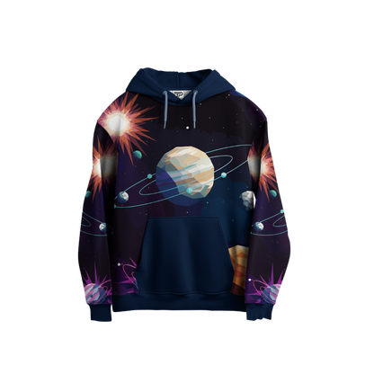 Hoodie with space-themed design featuring planets and stars on a white background