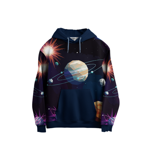 Hoodie with space-themed design featuring planets and stars on a white background