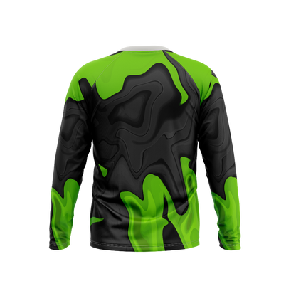 Long-sleeve shirt with black and green design on a white background