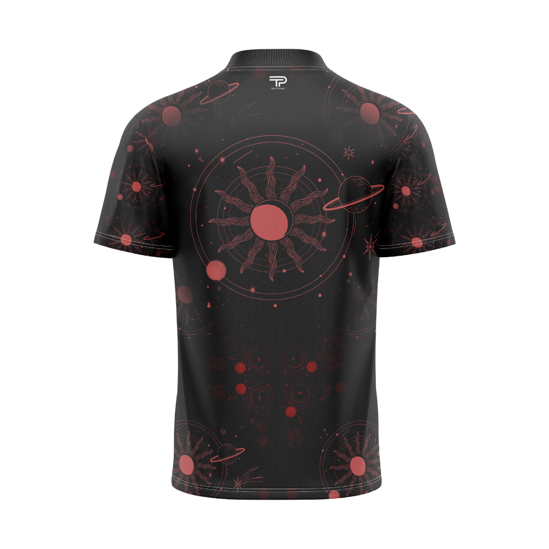 Black t-shirt with red celestial pattern on a white background