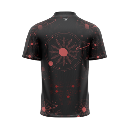 Black t-shirt with red celestial pattern on a white background