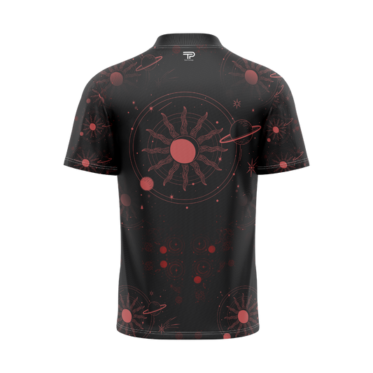 Black t-shirt with red celestial pattern on a white background