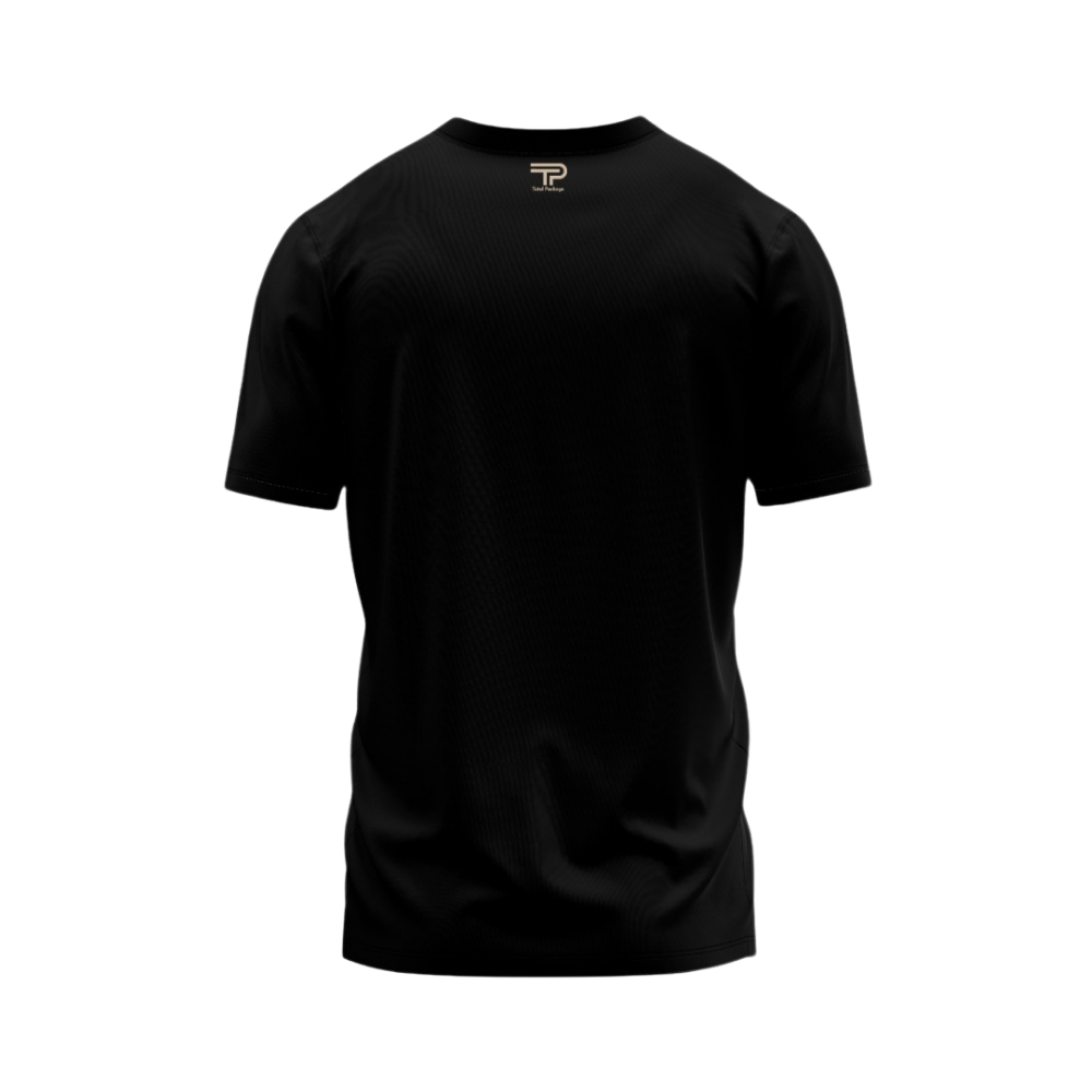 Black t-shirt with a logo on a white background