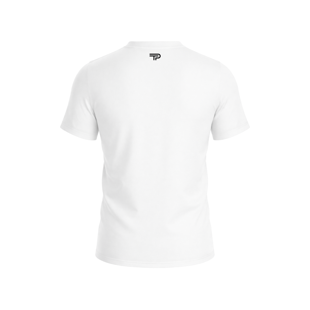 White t-shirt with a black logo on a white background
