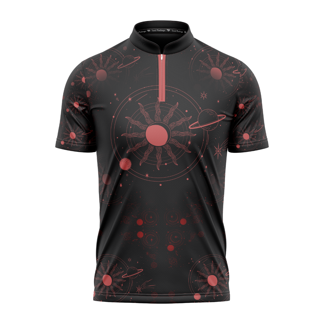 Black t-shirt with red space-themed design on a white background