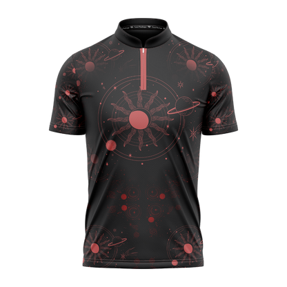 Black t-shirt with red space-themed design on a white background