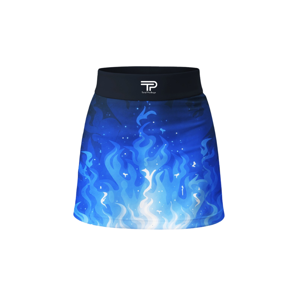Blue flame patterned skirt with black waistband on a white background