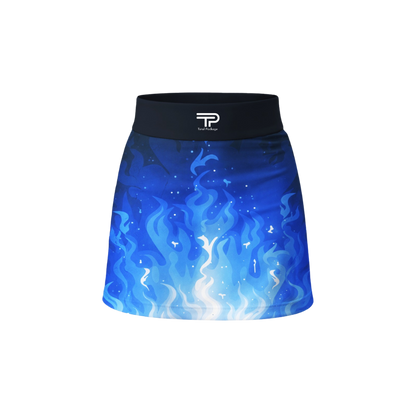 Blue flame patterned skirt with black waistband on a white background