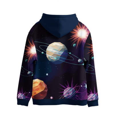 Hoodie with space-themed design featuring planets and stars on a dark background