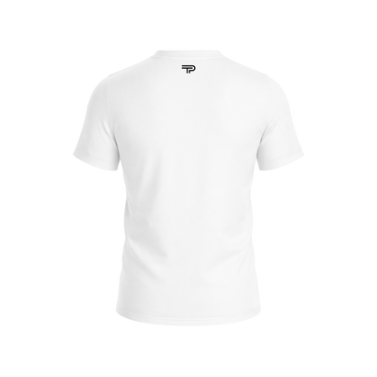 White t-shirt with a black logo on a white background