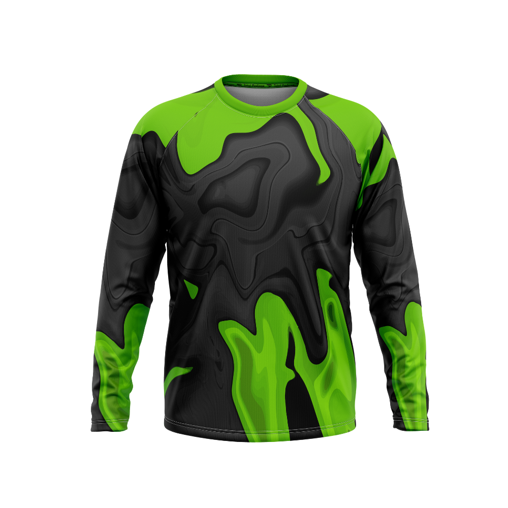 Black and green long-sleeve shirt with abstract design on a white background