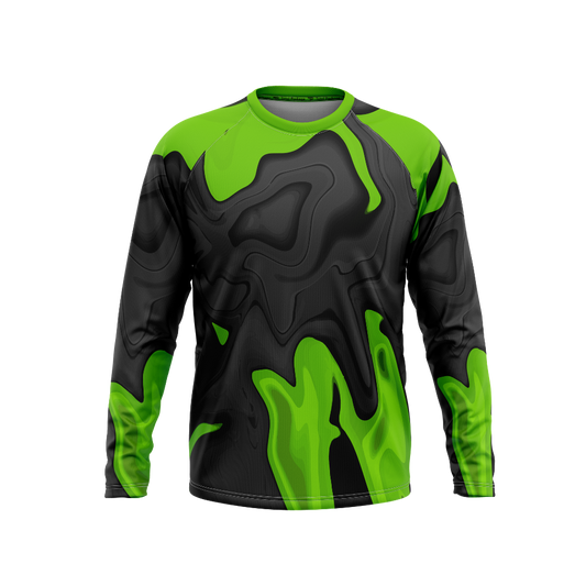 Black and green long-sleeve shirt with abstract design on a white background