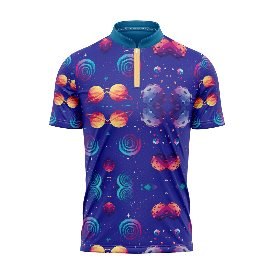 Colorful space-themed shirt with planets and stars on a white background