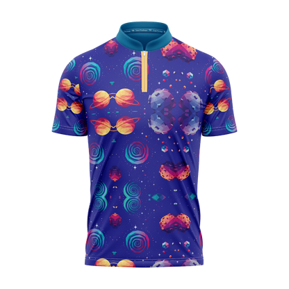 Colorful space-themed shirt with planets and stars on a white background