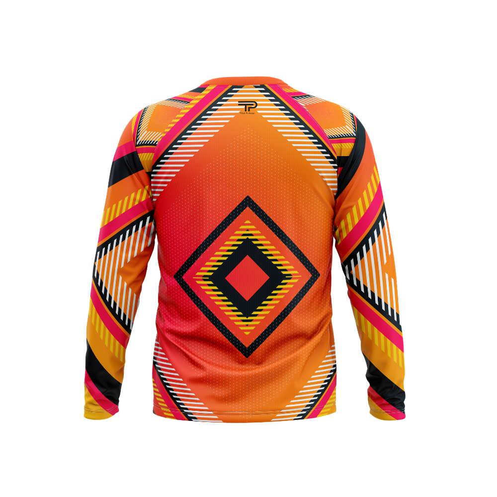 Colorful long-sleeve shirt with geometric pattern on a white background