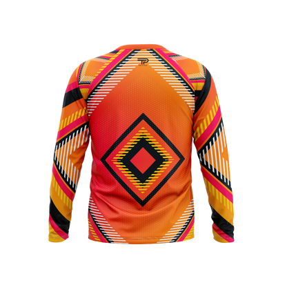 Colorful long-sleeve shirt with geometric pattern on a white background