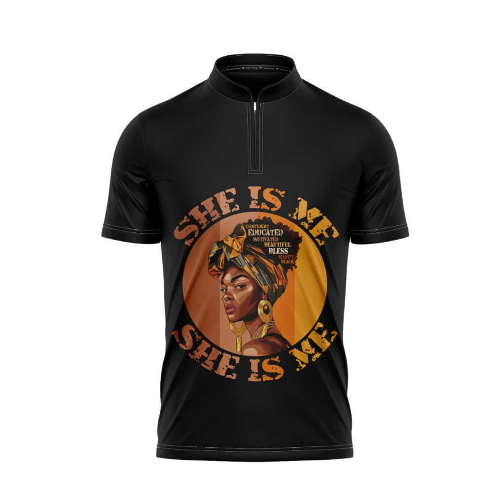 Black t-shirt with a graphic of a woman and text on a white background
