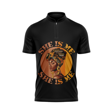 Black t-shirt with a graphic of a woman and text on a white background