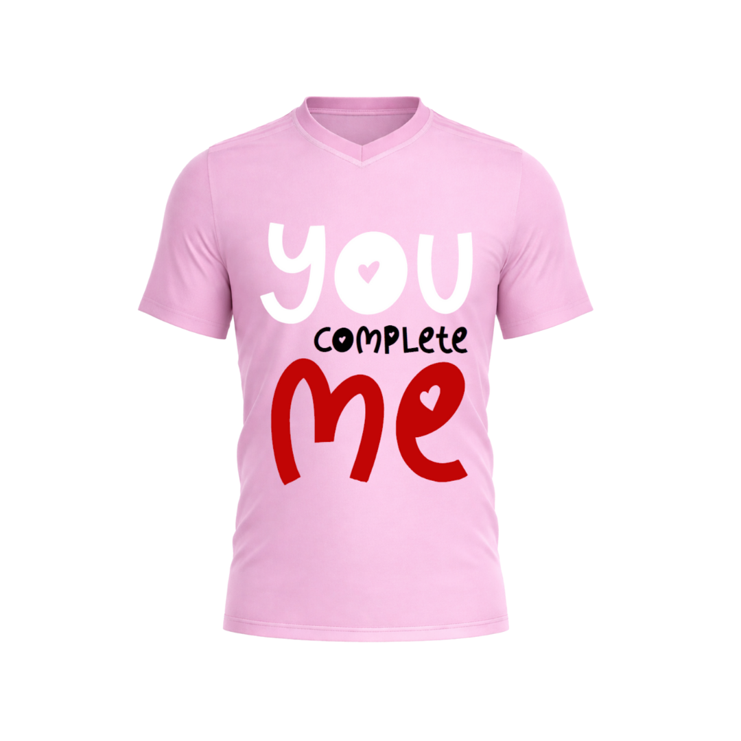 Pink t-shirt with 'you complete me' text on a white background