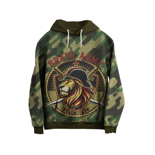 Camouflage hoodie with a lion graphic and 'Brave Army' text on a white background