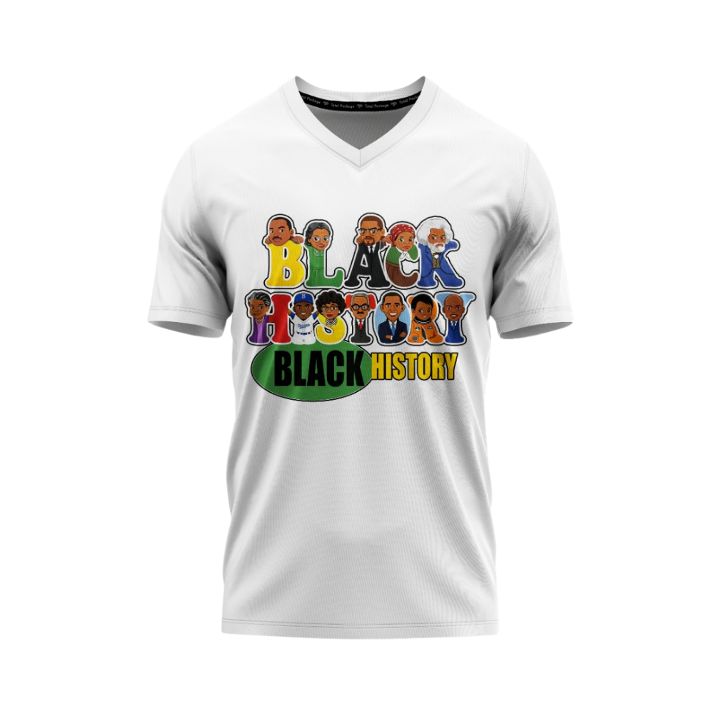 White t-shirt with 'Black History' graphic design on a white background