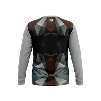 Long-sleeve shirt with geometric pattern on a white background