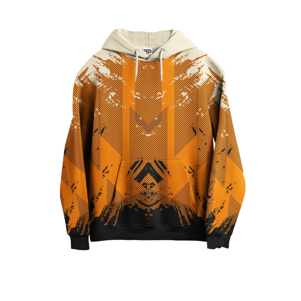 Orange hoodie with black patterns on a white background