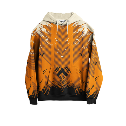 Orange hoodie with black patterns on a white background