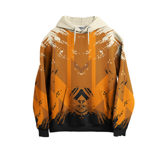 Orange hoodie with black patterns on a white background