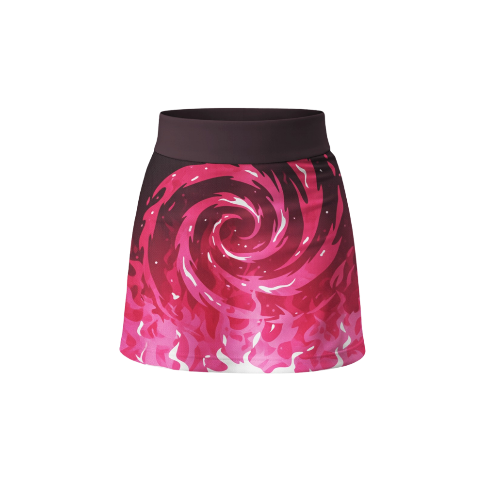 Pink and black spiral patterned skirt on a white background