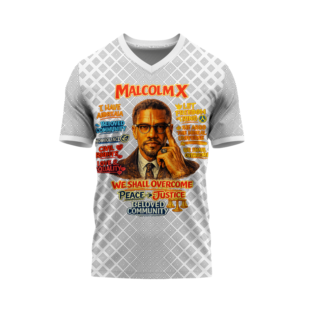 T-shirt with a graphic of Malcolm X and motivational text on a white background
