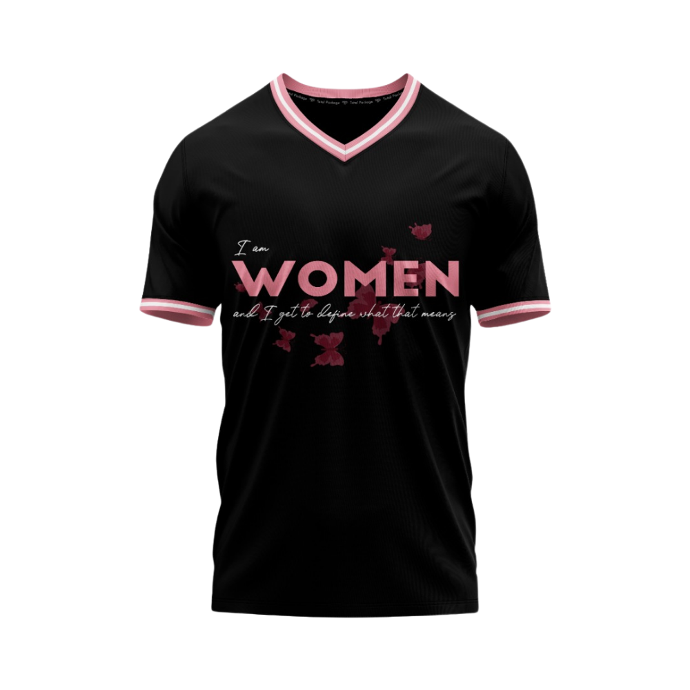 Black t-shirt with pink text and accents on a white background