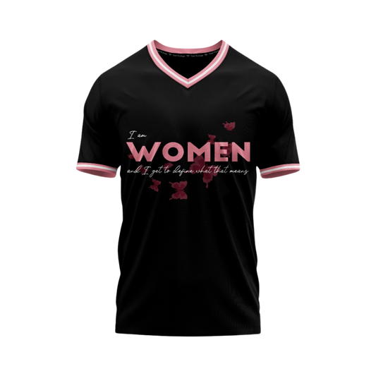 Black t-shirt with pink text and accents on a white background