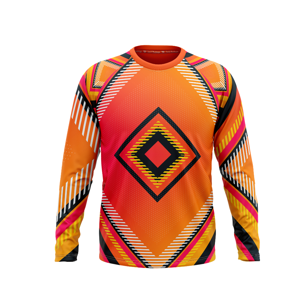 Colorful long-sleeve shirt with geometric pattern on a white background