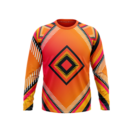 Colorful long-sleeve shirt with geometric pattern on a white background
