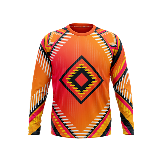 Colorful long-sleeve shirt with geometric pattern on a white background