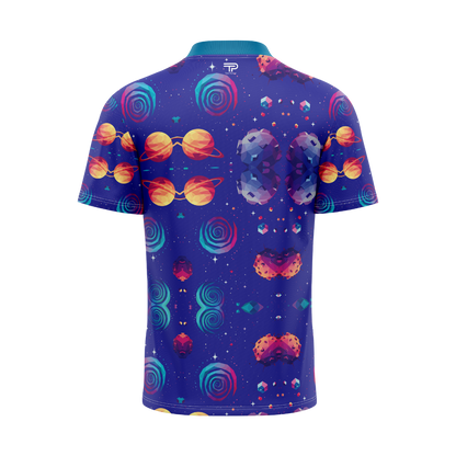 Colorful space-themed polo shirt with planets and stars on a blue background