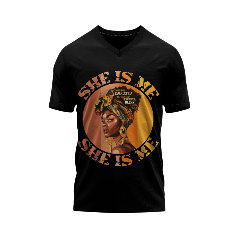 Black t-shirt with a graphic of a woman and text 'She is Me' on a white background
