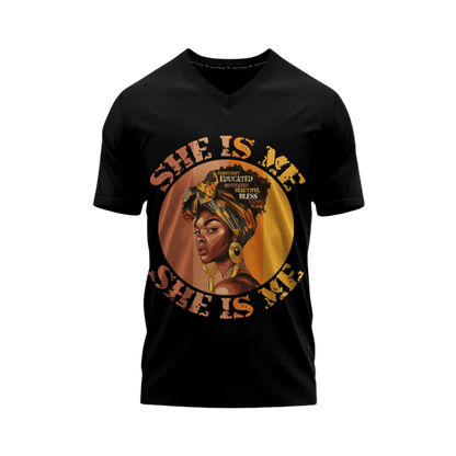 Black t-shirt with a graphic of a woman and text 'She is Me' on a white background