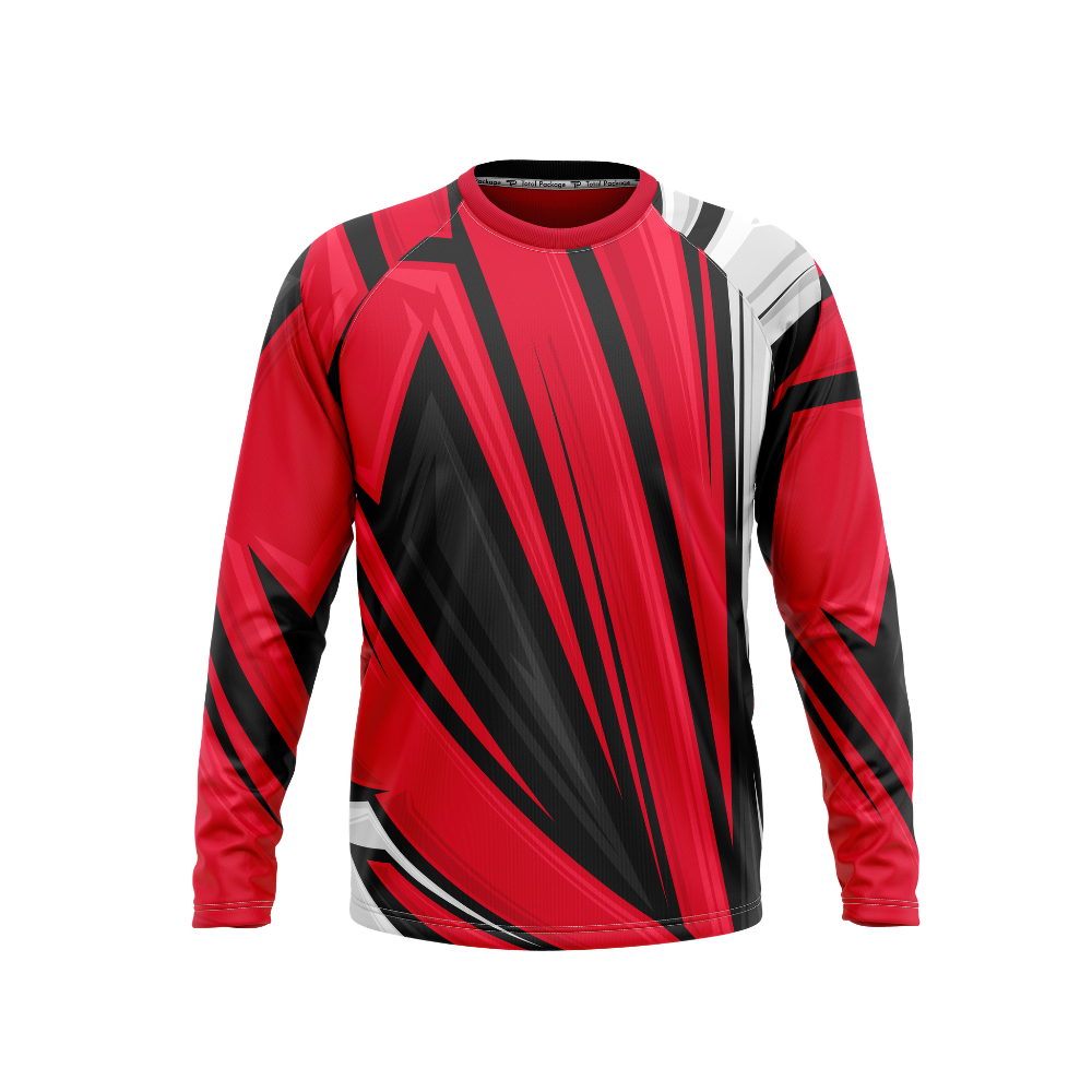 Red, black, and white long-sleeve shirt with geometric pattern on a white background