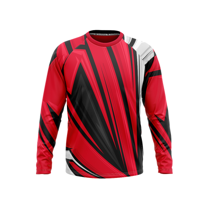 Red, black, and white long-sleeve shirt with geometric pattern on a white background